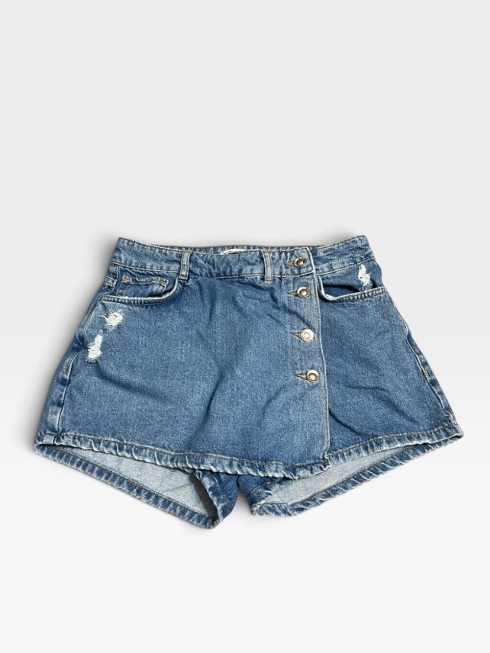 ZARA Denim Skort Womens M Blue Distressed Asymmetrical Button Front Shorts Skirt